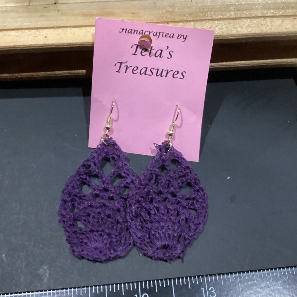 Earrings Grape Purple Leaf Crocheted Crochet Hand Crafted